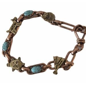 Vintage Copper Brass Southwestern Faux Turquoise Link Bracelet 7 Inches